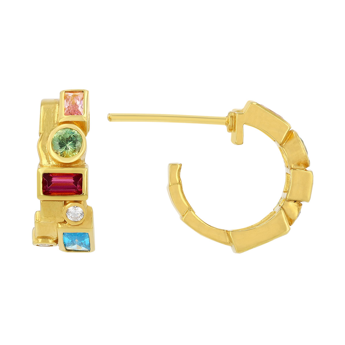 Gurhan Bezel Set Mixed Shape Multicolor Gemstone Hoop Earrings in Yellow Gold