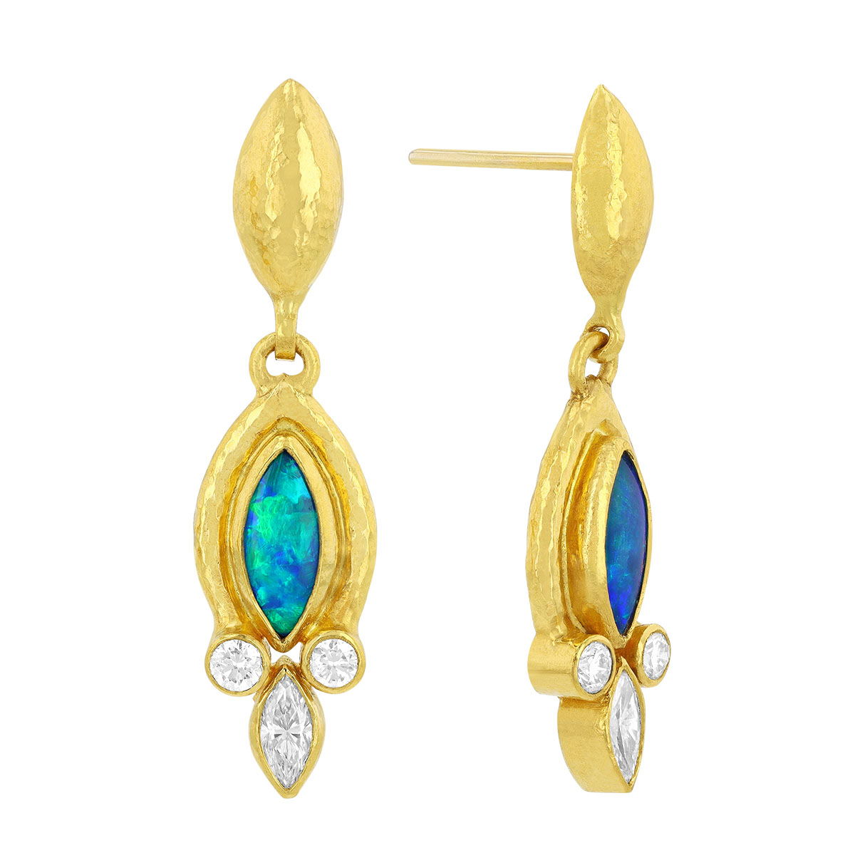 Gurhan Bezel Set Marquise Cabochon Opal & Mixed Shape Diamond Dangle Earrings in Yellow Gold