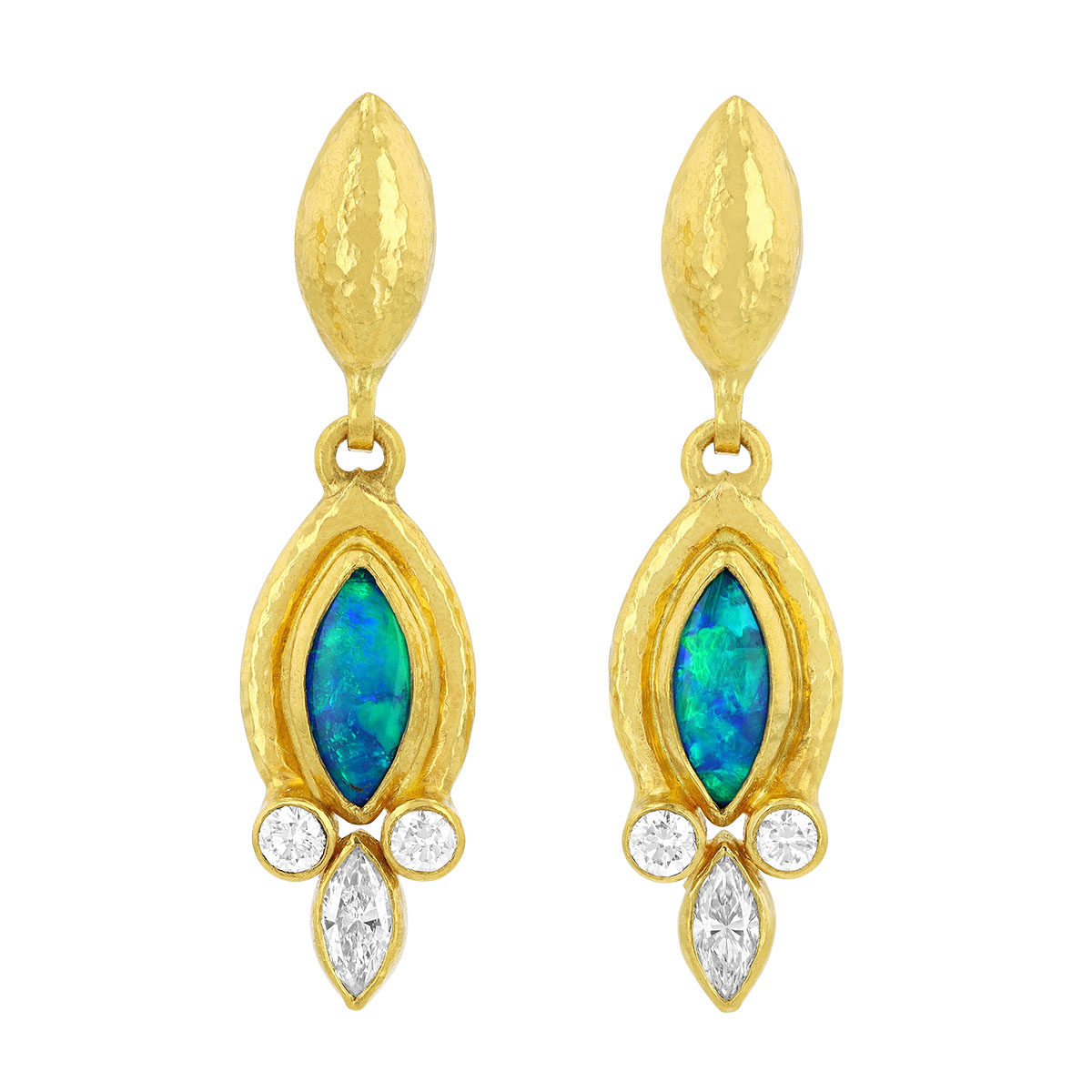 Gurhan Bezel Set Marquise Cabochon Opal & Mixed Shape Diamond Dangle Earrings in Yellow Gold