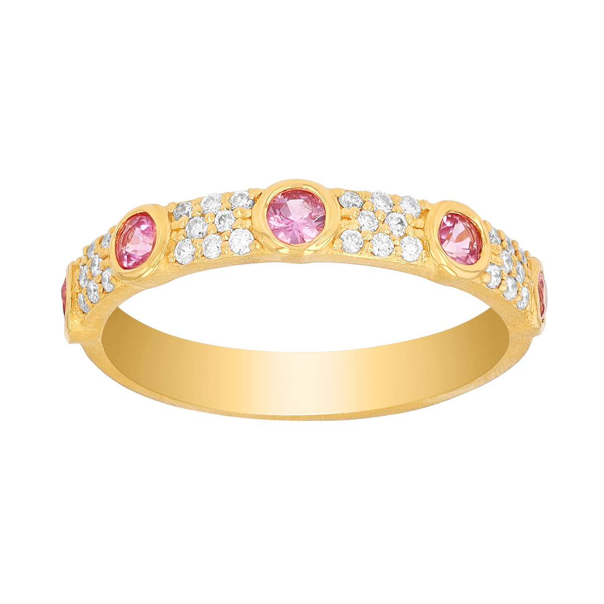 Marika Bezel Set Pink Saphire Station & Diamond Pavé Ring in Yellow Gold, Size 6.75