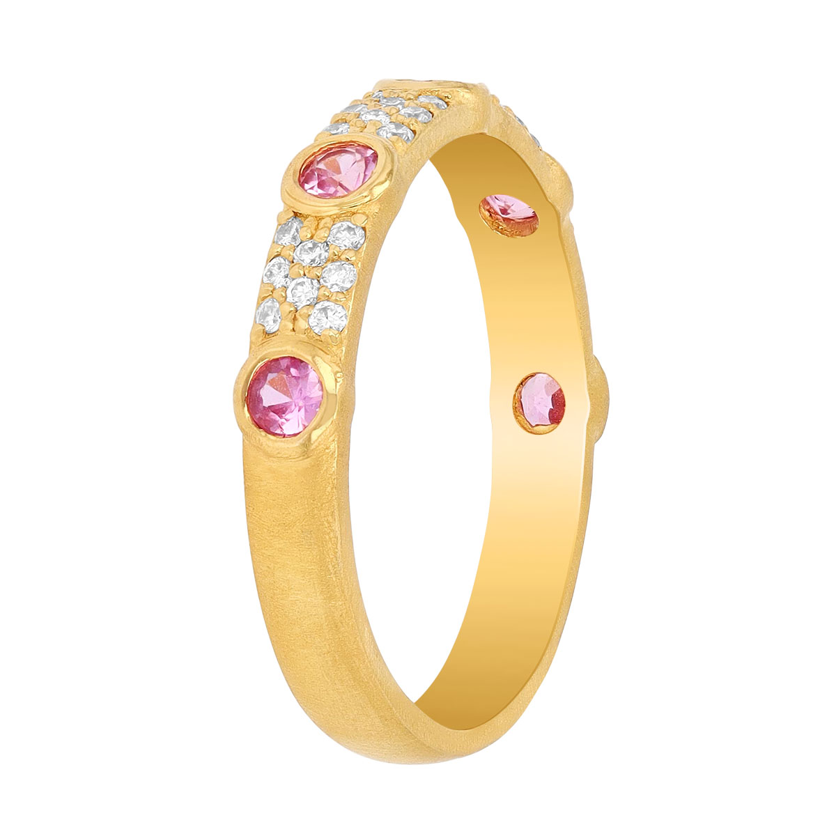 Marika Bezel Set Pink Saphire Station & Diamond Pavé Ring in Yellow Gold, Size 6.75