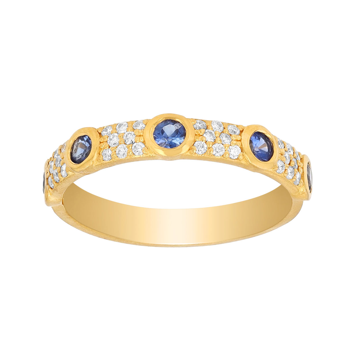 Marika Bezel Set Blue Saphire Station & Diamond Pavé Ring in Yellow Gold, Size 6.5