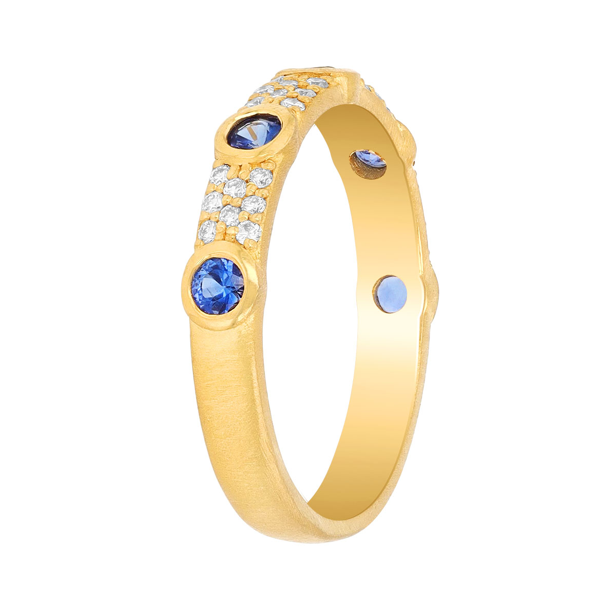 Marika Bezel Set Blue Saphire Station & Diamond Pavé Ring in Yellow Gold, Size 6.5
