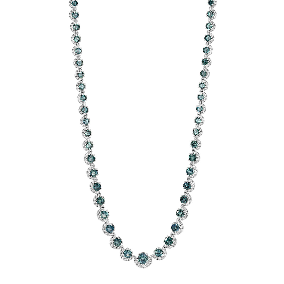Round Montana Sapphire & Diamond Half Halo Necklace in Platinum, 17.5