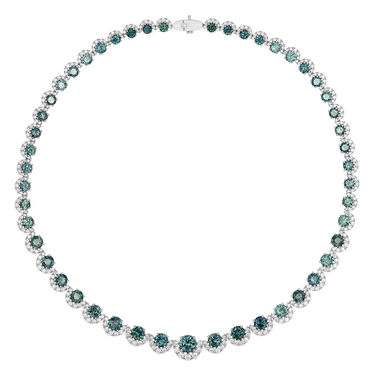 Round Montana Sapphire & Diamond Half Halo Necklace in Platinum, 17.5