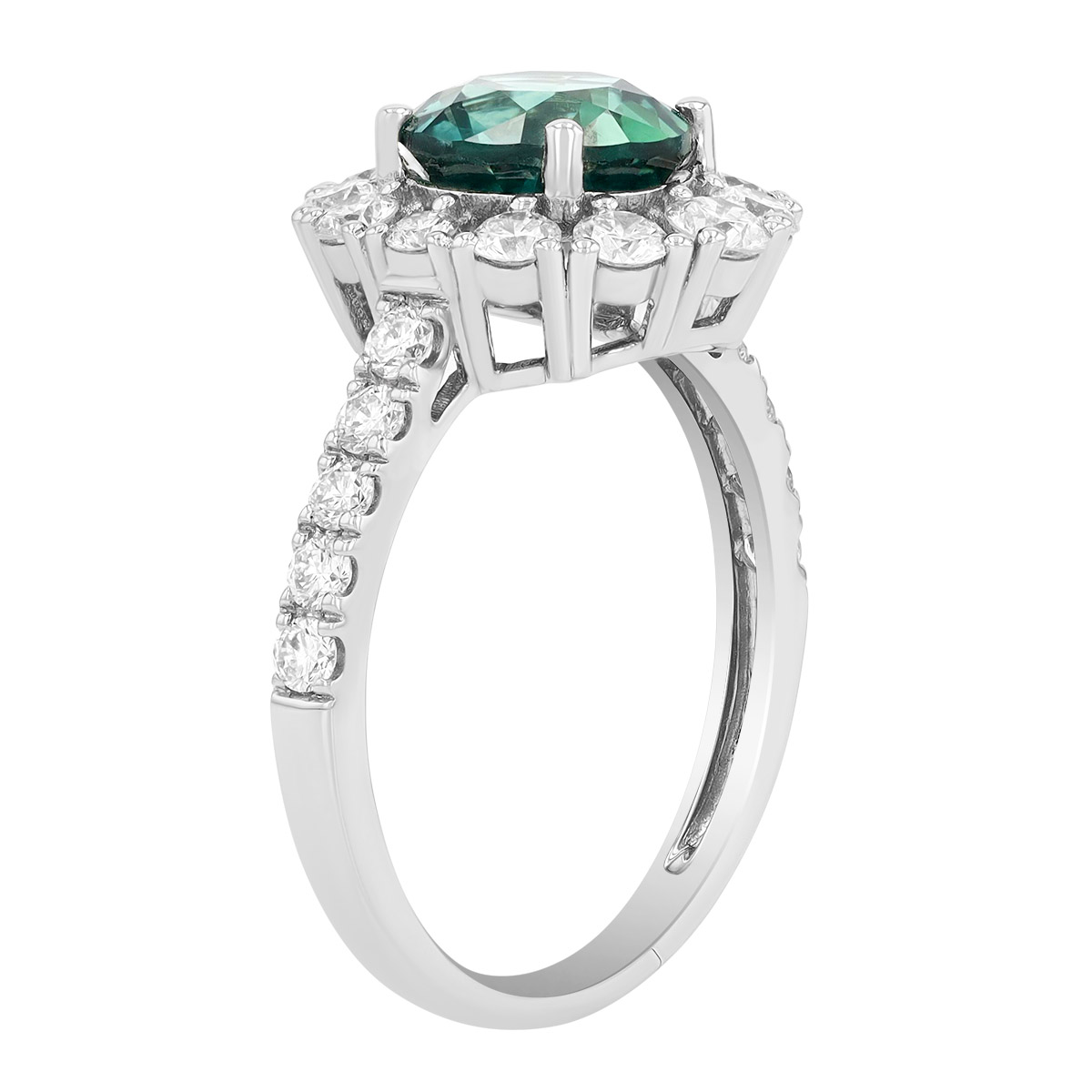 Round Montana Sapphire & Diamond Halo Ring in Platinum