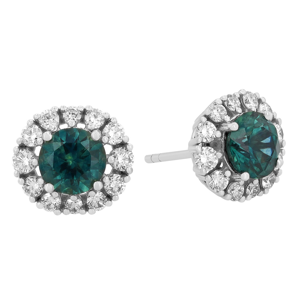 Round Montana Sapphire & Diamond Halo Stud Earrings in Platinum