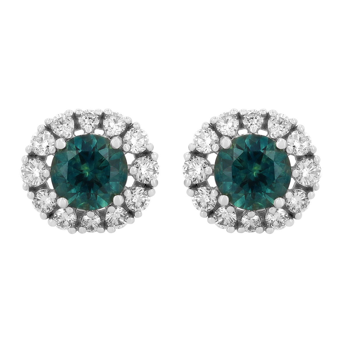 Round Montana Sapphire & Diamond Halo Stud Earrings in Platinum