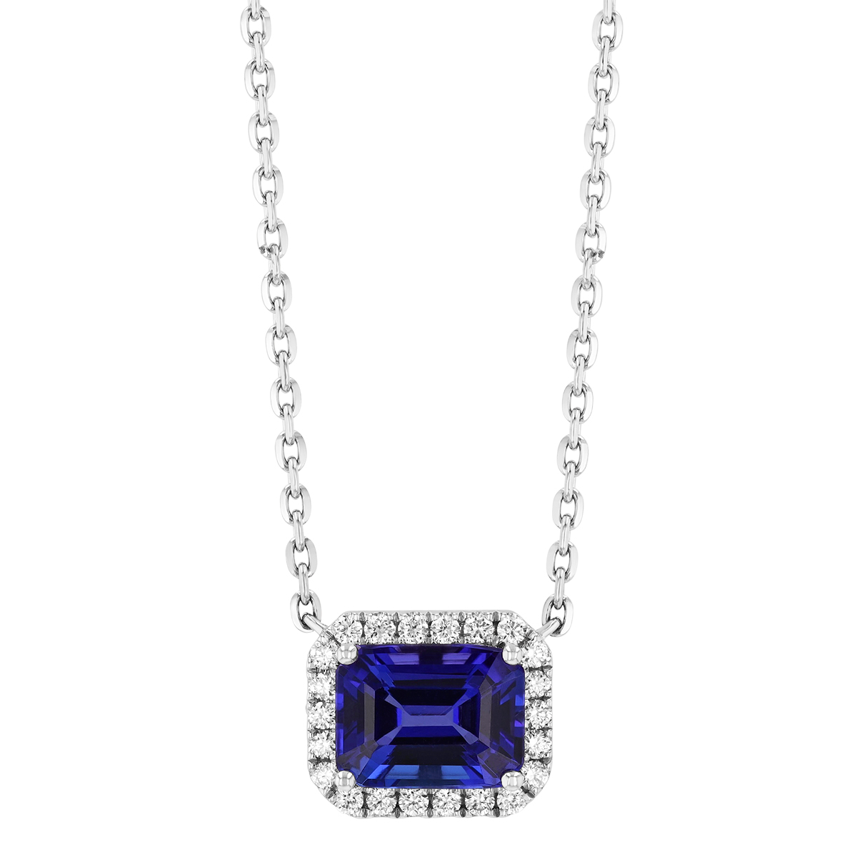Emerald Cut Tanzanite & Diamond Halo Pendant in Platinum, 18