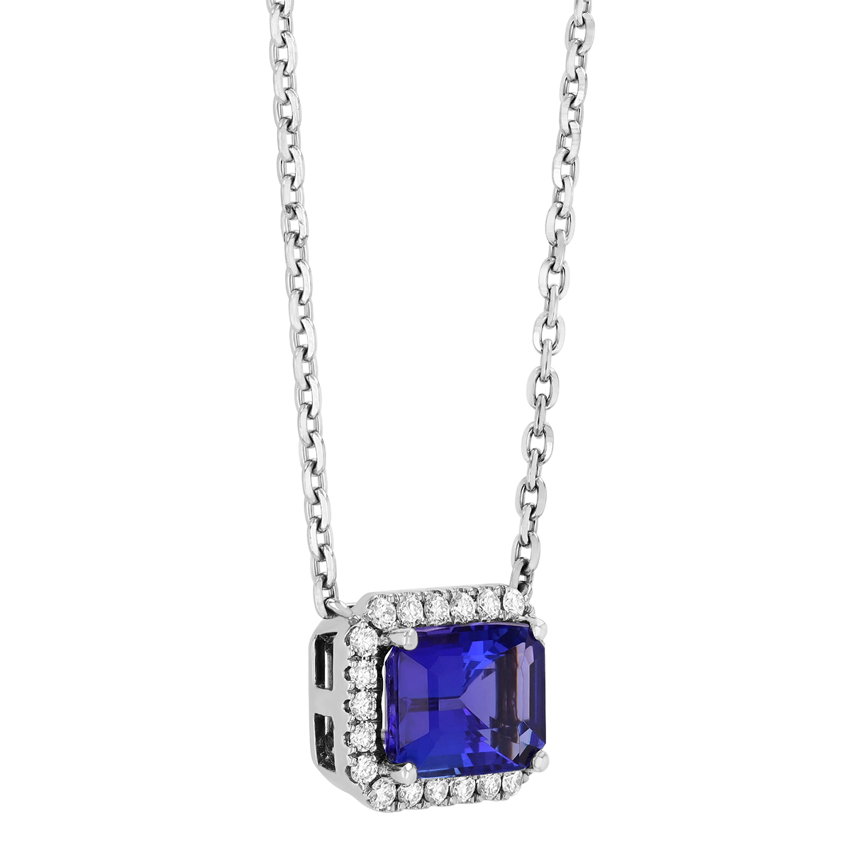 Emerald Cut Tanzanite & Diamond Halo Pendant in Platinum, 18