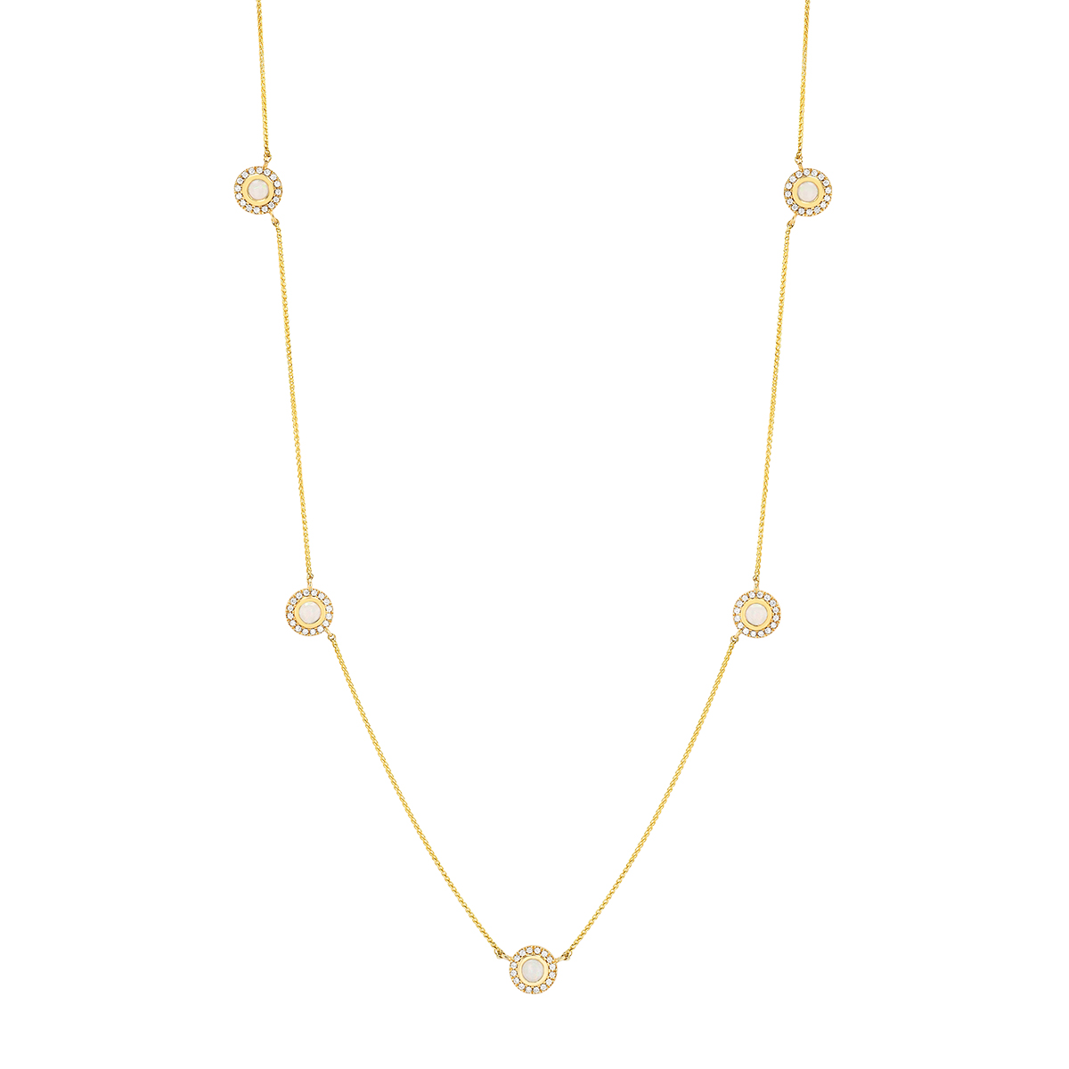 Bezel Set Round Cabochon Opal & Diamond Halo Station Necklace in Yellow Gold, 19