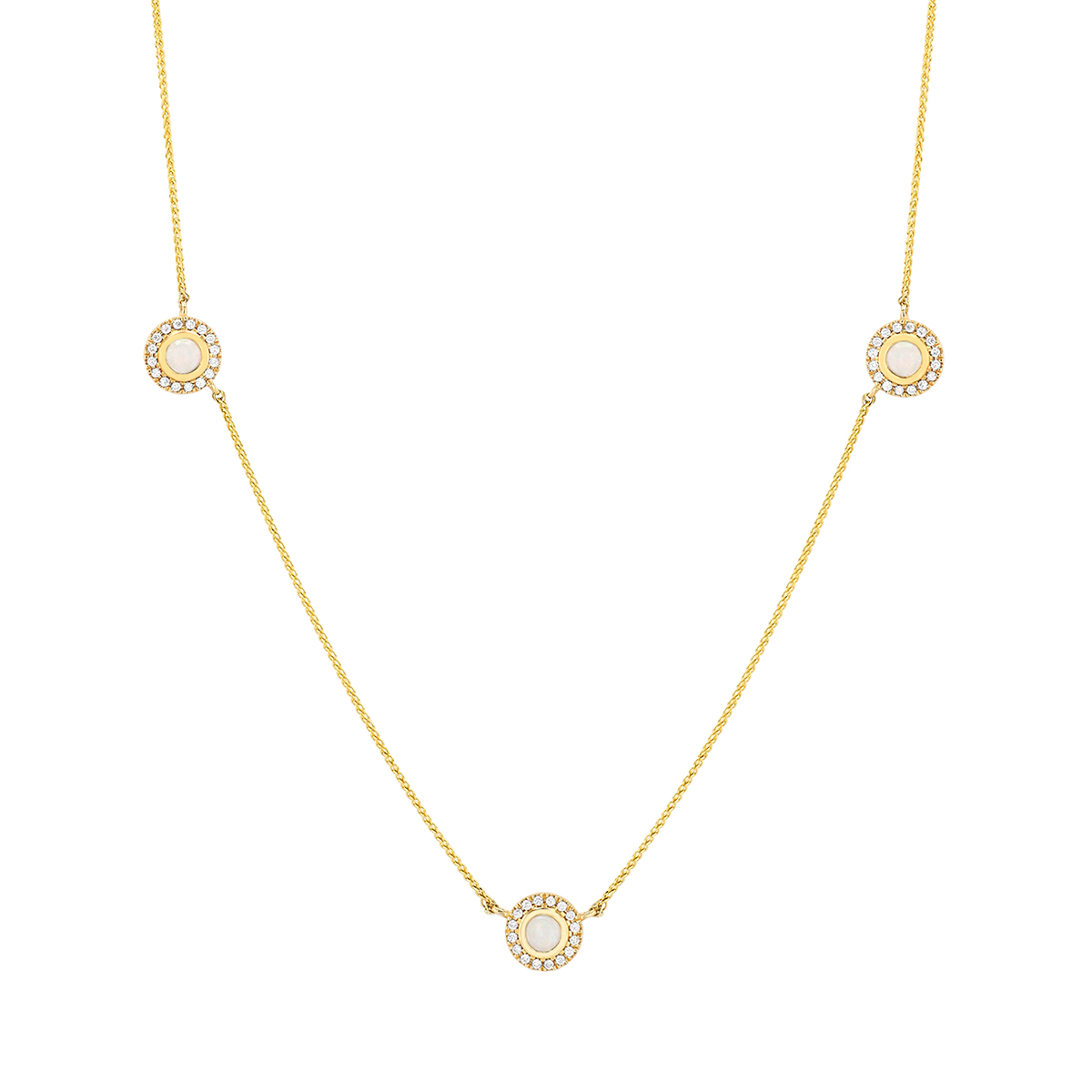 Bezel Set Round Cabochon Opal & Diamond Halo Station Necklace in Yellow Gold, 19