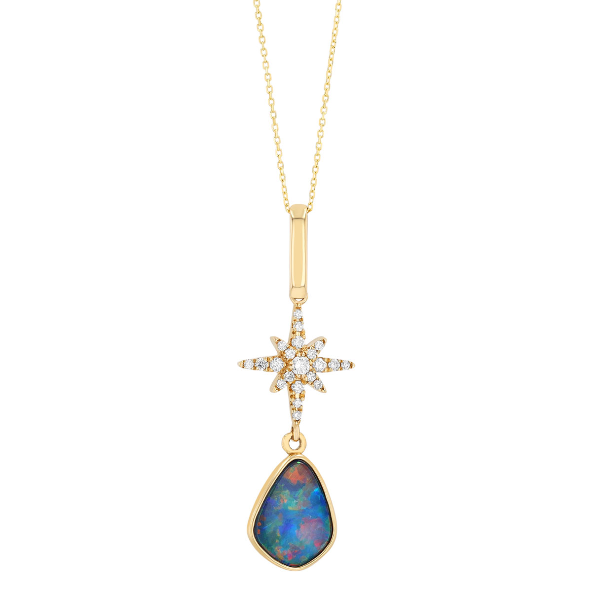Bezel Set Opal & Diamond Starburst Pendant in Yellow Gold
