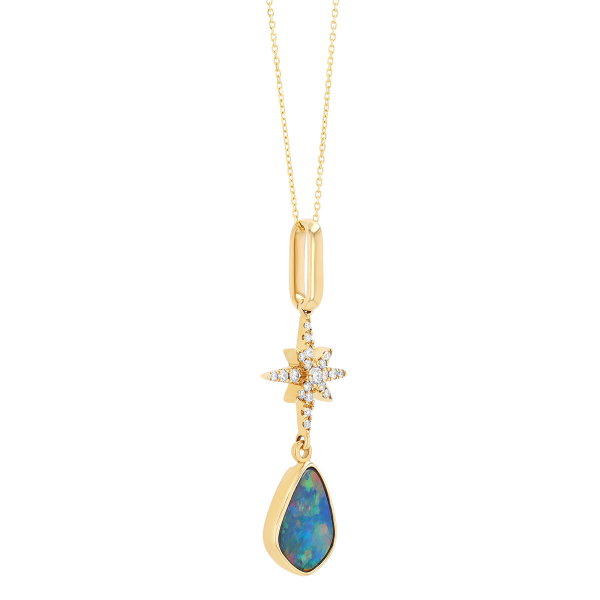 Bezel Set Opal & Diamond Starburst Pendant in Yellow Gold