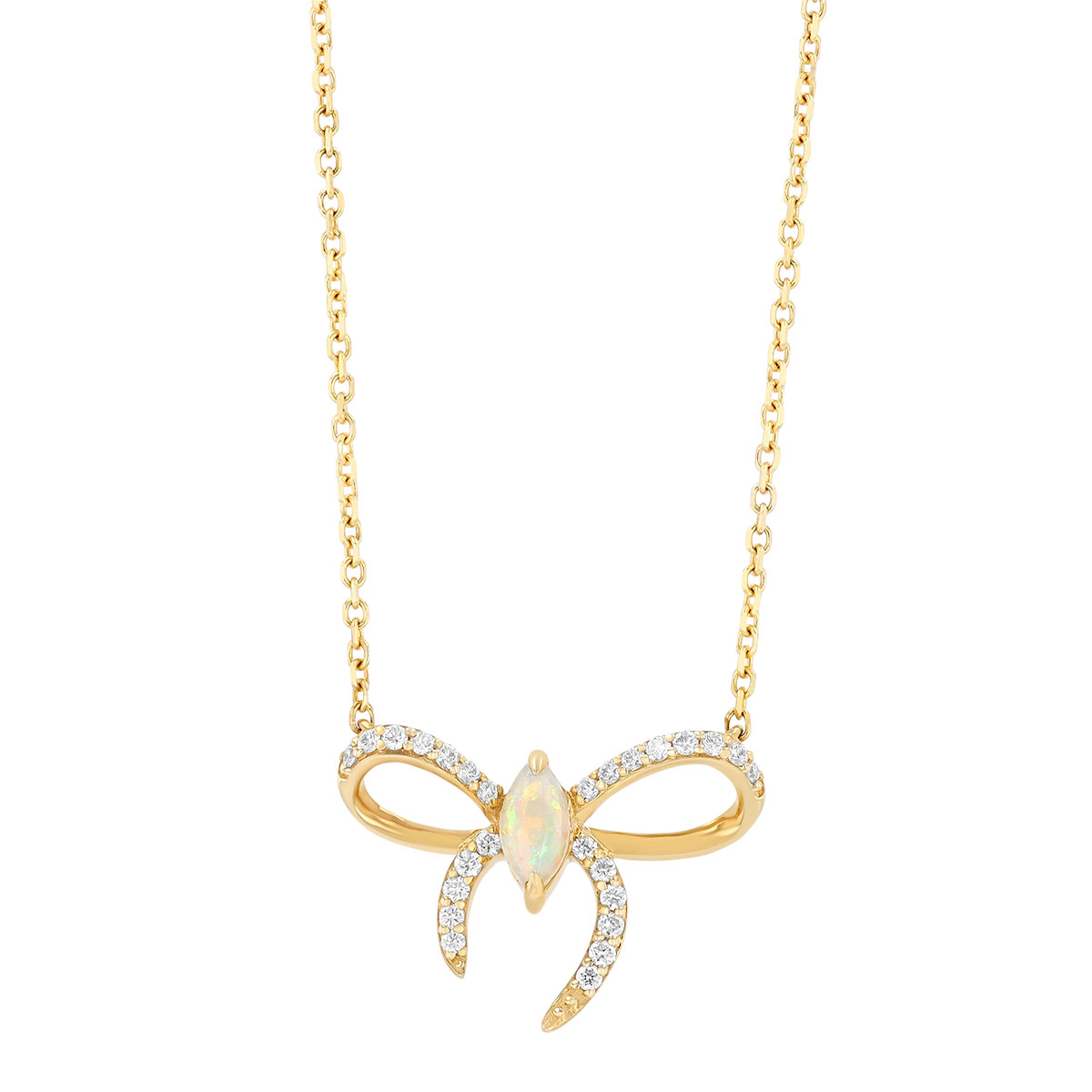 Marquise Cabochon Opal & Diamond Bow Pendant in Yellow Gold, 18
