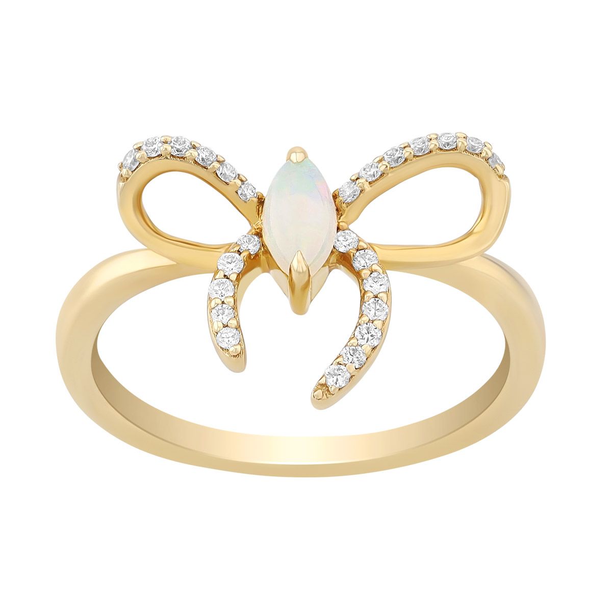 Marquise Cabochon Opal & Diamond Bow Ring in Yellow Gold
