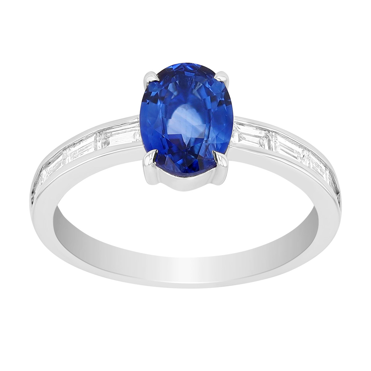 Oval Sapphire & Channel Set Baguette Diamond Ring in White Gold