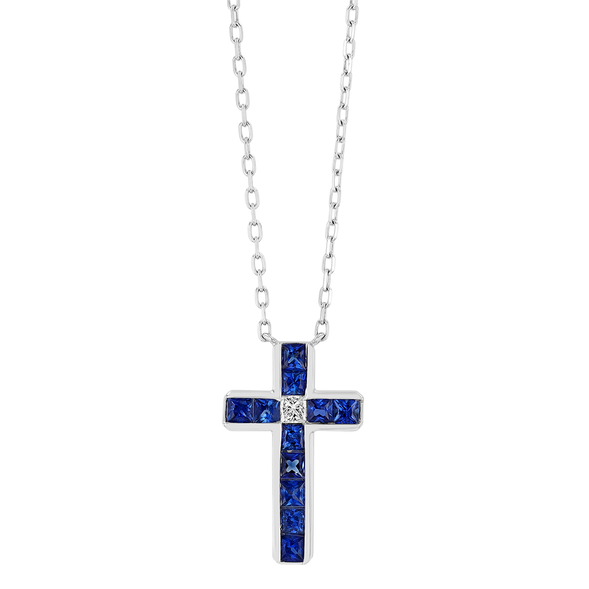 Channel Set Princess Cut Sapphire & Diamond Cross Pendant in White Gold, 18