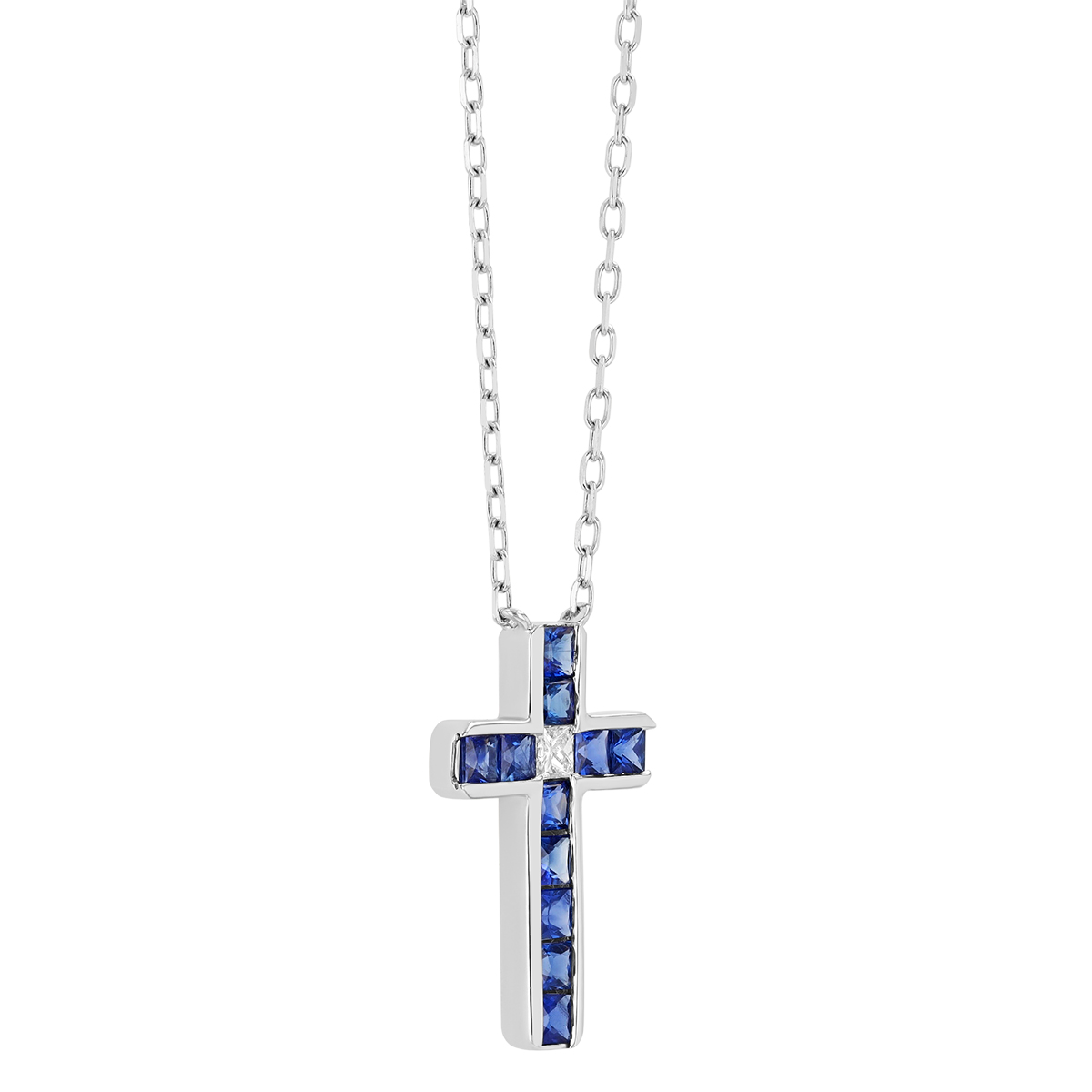 Channel Set Princess Cut Sapphire & Diamond Cross Pendant in White Gold, 18