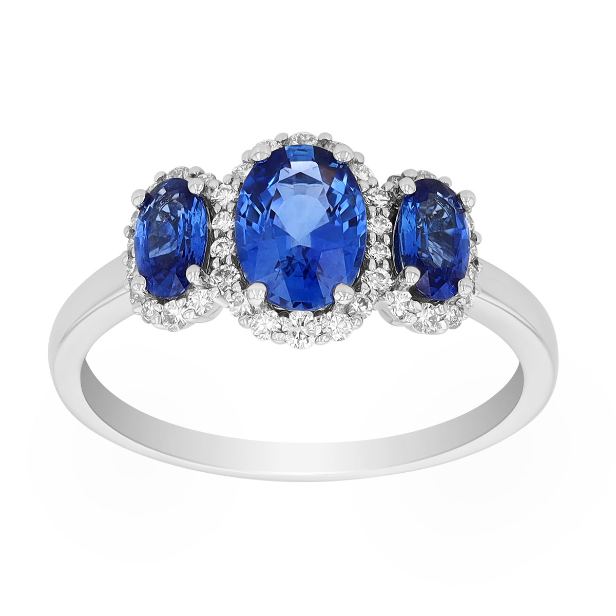 Oval Sapphire Trio & Diamond Halo Ring in Platinum