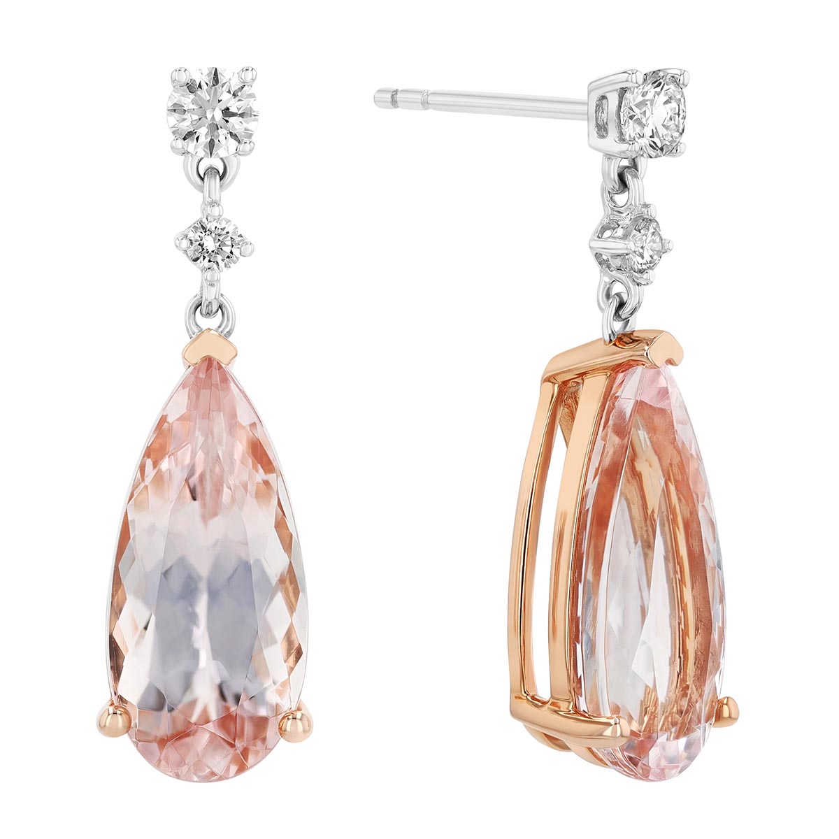 Pear Shaped Morganite Dangle Earrings in 14K White & Rose Gold