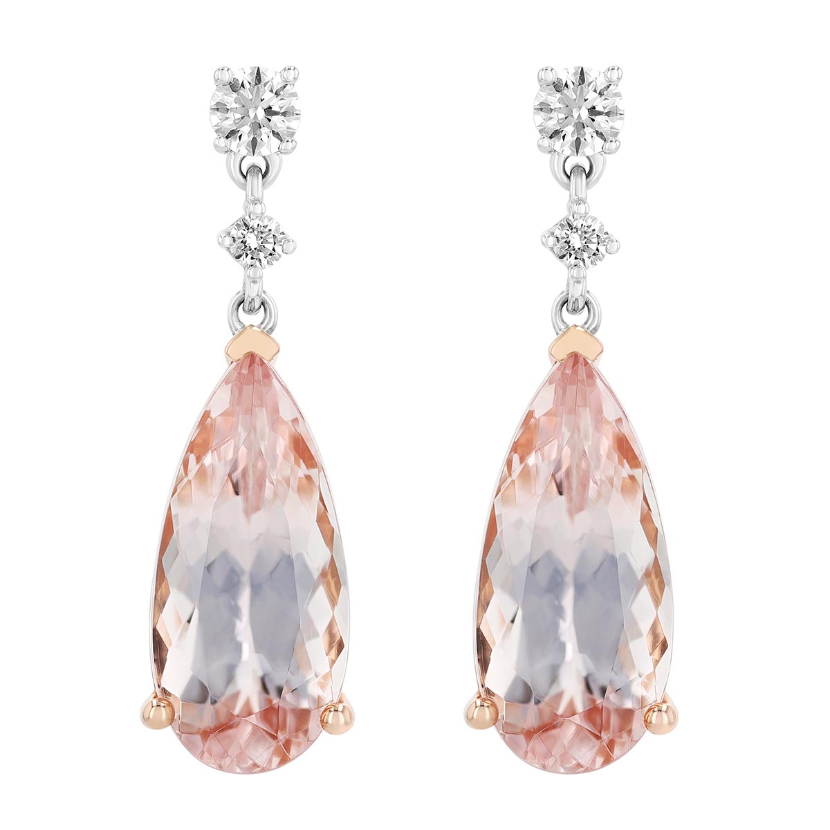 Pear Shaped Morganite Dangle Earrings in 14K White & Rose Gold
