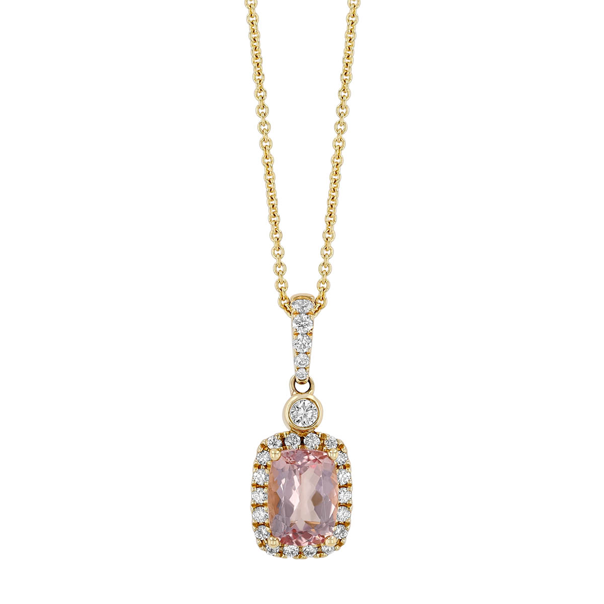 Cushion Cut Morganite Diamond Halo Pendant in 14K Yellow Gold, 18