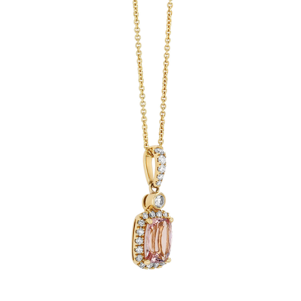 Cushion Cut Morganite Diamond Halo Pendant in 14K Yellow Gold, 18