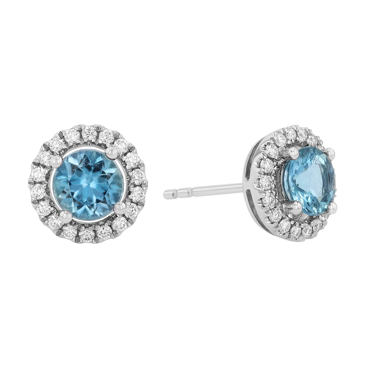 Round Aquamarine Diamond Halo Stud Earrings in 14K White Gold