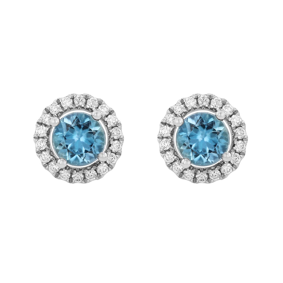 Round Aquamarine Diamond Halo Stud Earrings in 14K White Gold