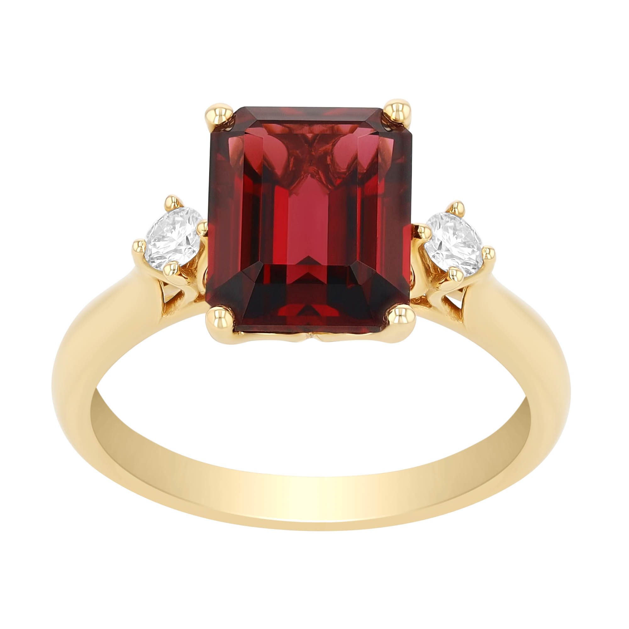 Emerald Cut Garnet & Diamond 3 Stone Ring in 14K Yellow Gold
