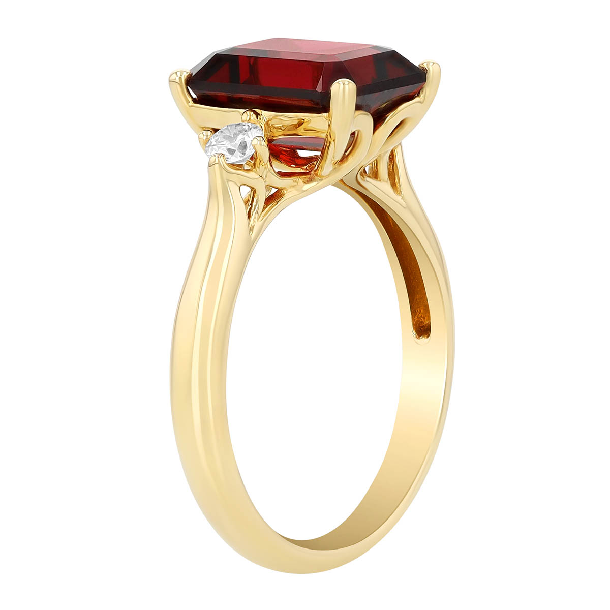 Emerald Cut Garnet & Diamond 3 Stone Ring in 14K Yellow Gold