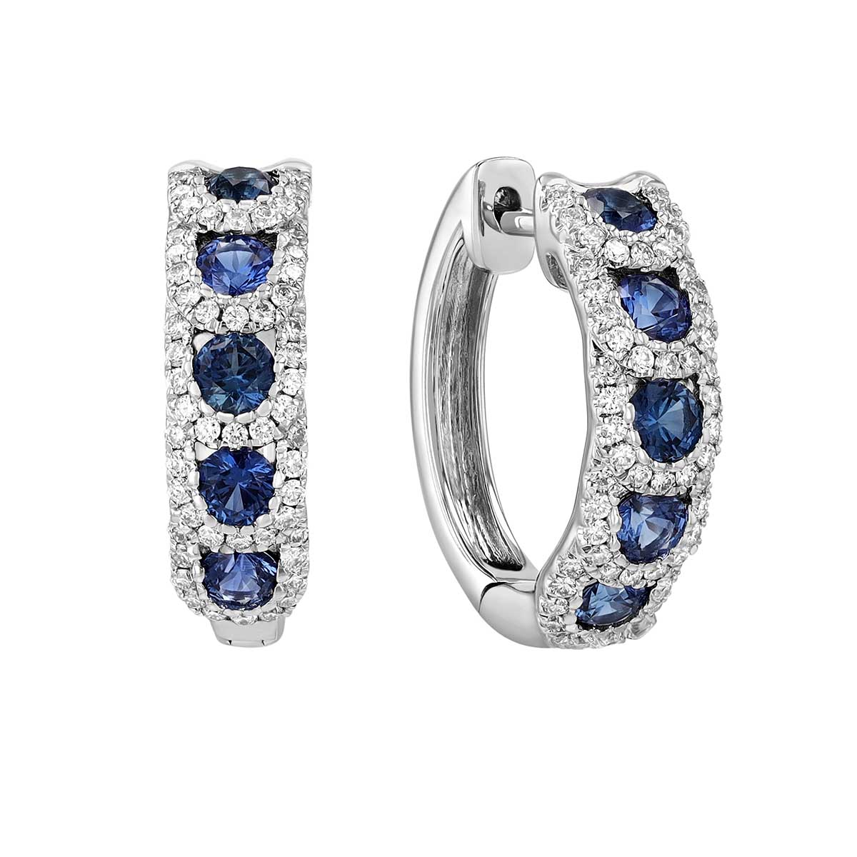 Sapphire & Diamond Overlapping Halo Huggie Hoop Earrings in 14K White Gold