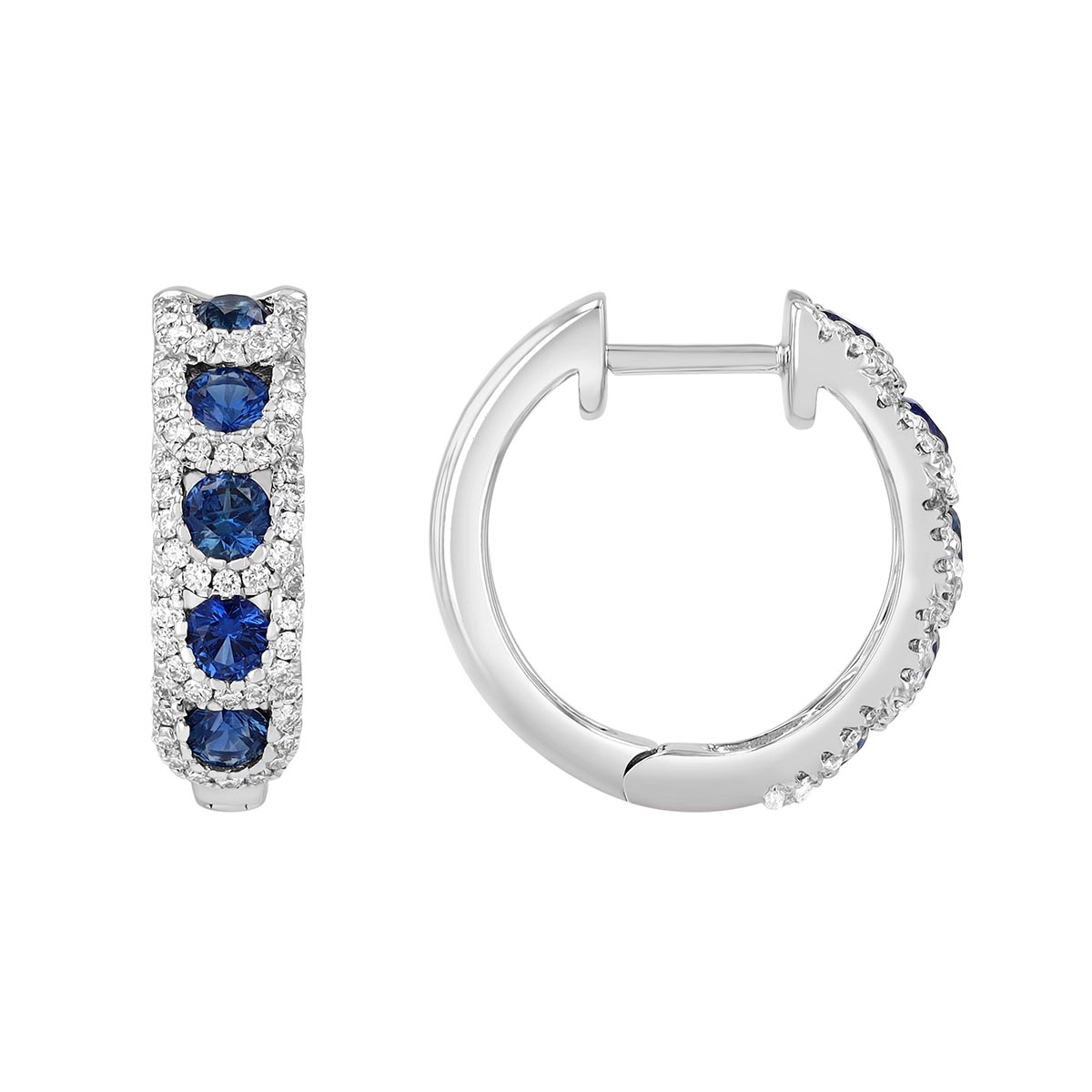 Sapphire & Diamond Overlapping Halo Huggie Hoop Earrings in 14K White Gold