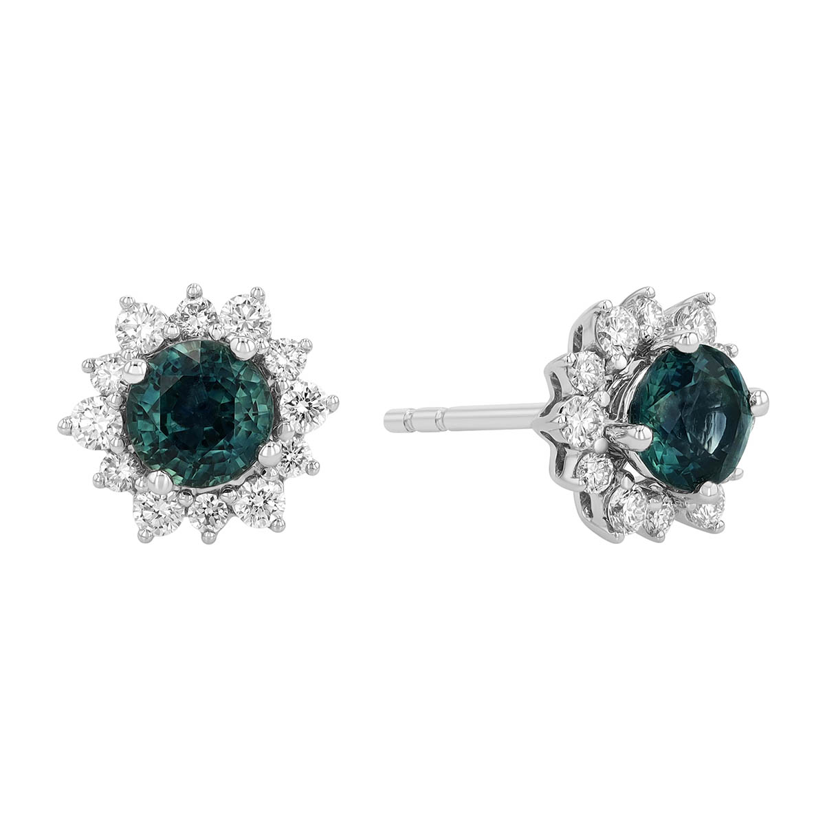 Round Montana Sapphire & Diamond Halo Stud Earrings in White Gold