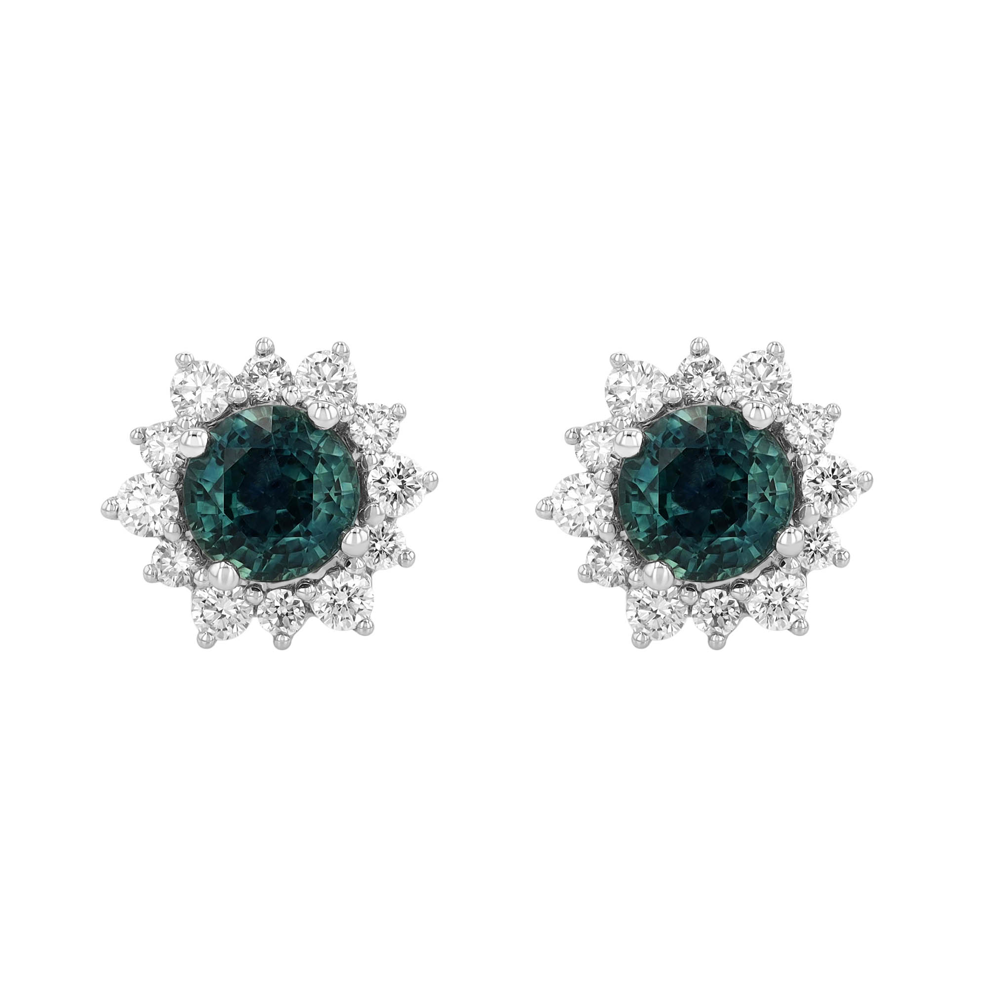 Round Montana Sapphire & Diamond Halo Stud Earrings in White Gold