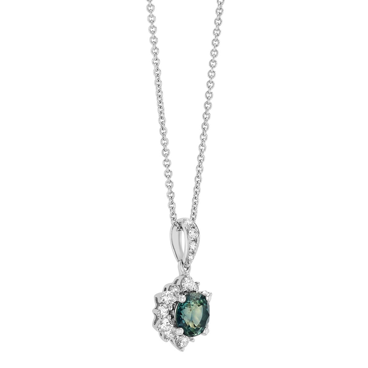 Round Montana Sapphire & Diamond Halo Pendant in White Gold