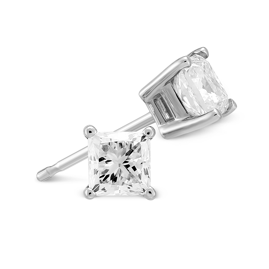 Platinum Princess Diamond Stud Earrings, 0.85cttw