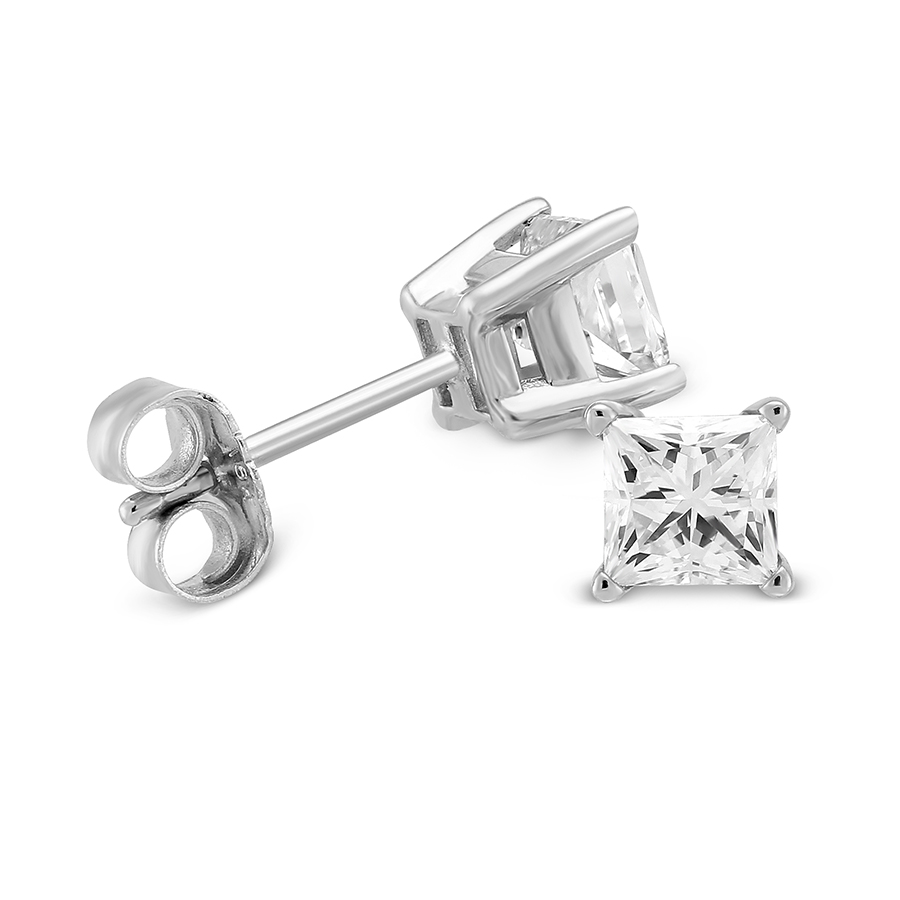 Platinum Princess Diamond Stud Earrings, 0.85cttw