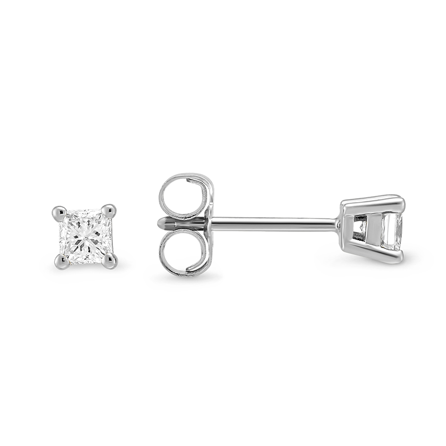 Princess Diamond Stud Earrings in White Gold, 0.25 cttw