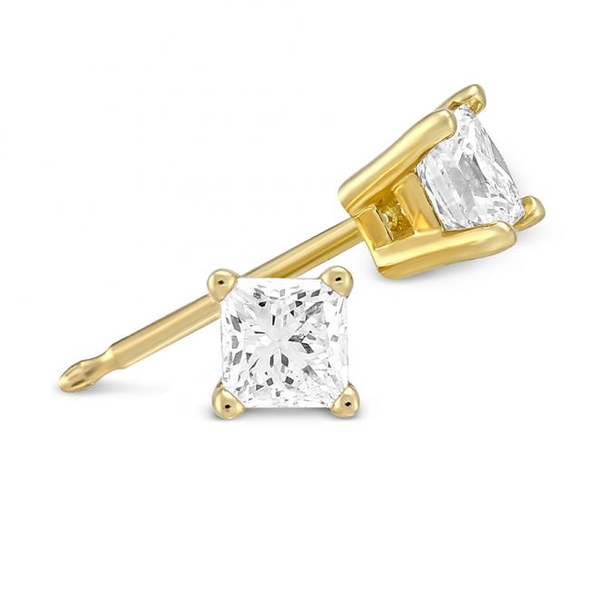 18K Yellow Gold Princess Diamond Stud Earrings, 0.50cttw