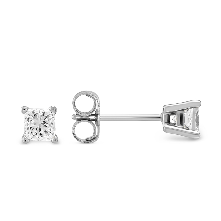 Princess Diamond Stud Earrings in White Gold, 0.50 cttw