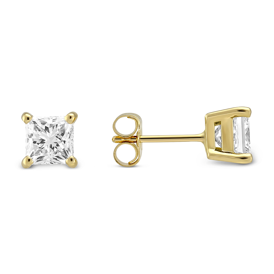 18K Yellow Gold Princess Diamond Stud Earrings, 0.65cttw