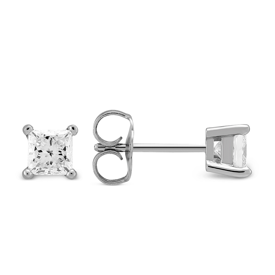 Princess Diamond Stud Earrings in White Gold, 0.65 cttw