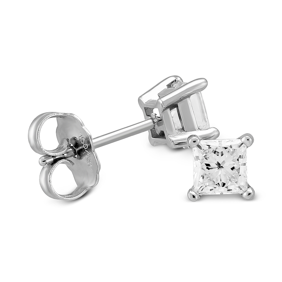 Princess Diamond Stud Earrings in White Gold, 0.65 cttw