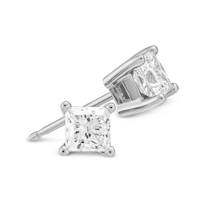 Princess Diamond Stud Earrings in White Gold, 0.75 cttw