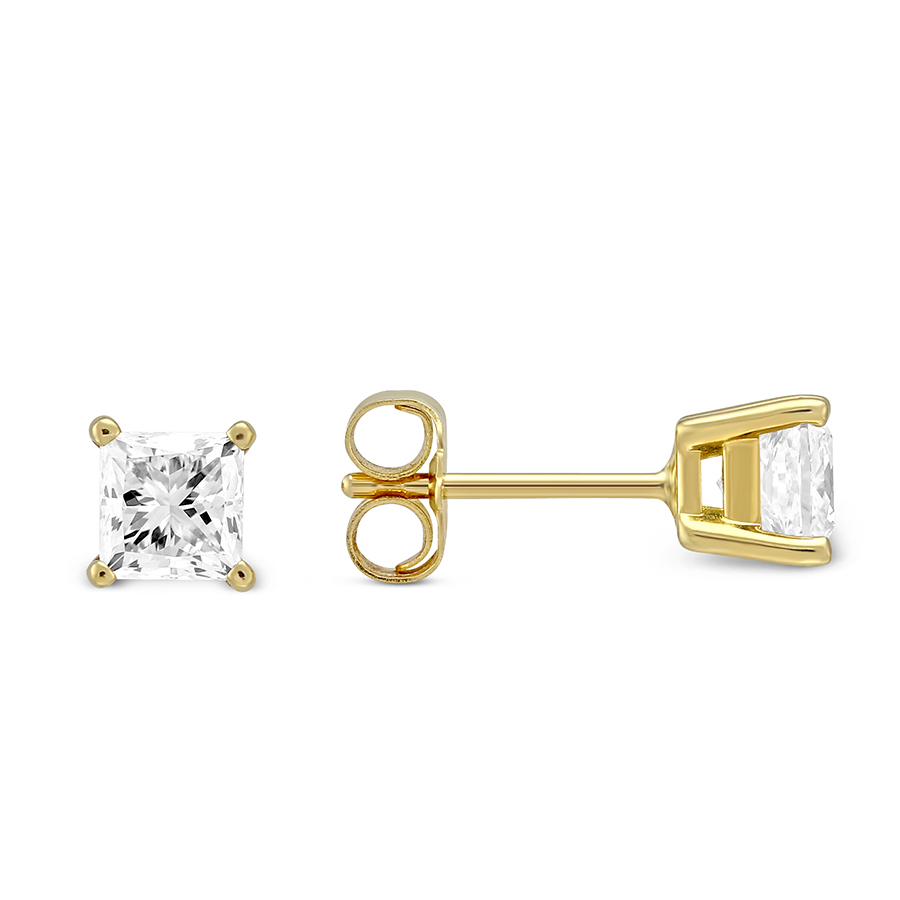 Princess Diamond Stud Earrings in Yellow Gold, 0.85 cttw