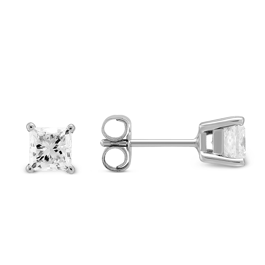 Princess Diamond Stud Earrings in White Gold, 0.85 cttw