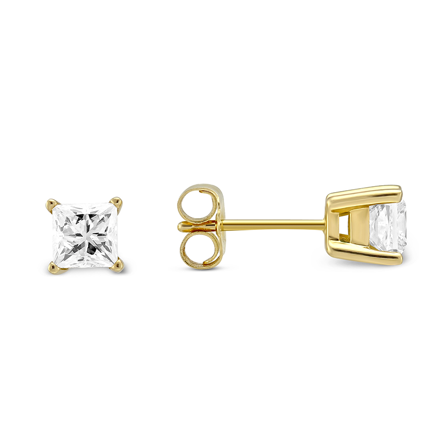 Princess Diamond Stud Earrings in Yellow Gold, 1.00 cttw