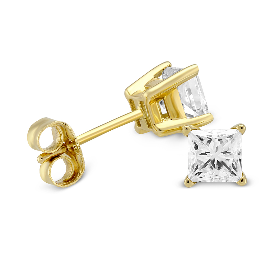 Princess Diamond Stud Earrings in Yellow Gold, 1.00 cttw
